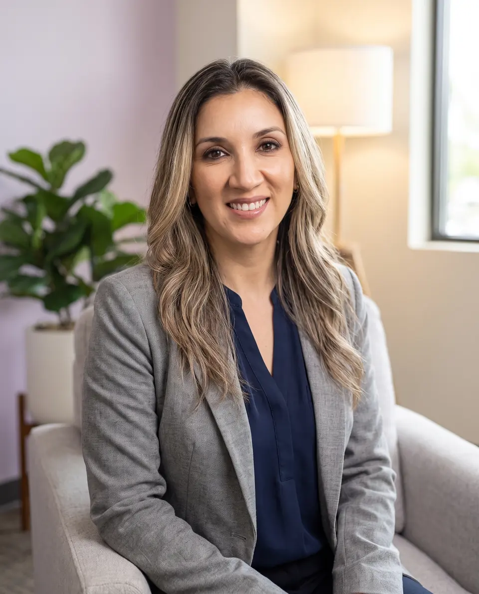 Karla Calderón sonriendo, sentada en un sillón