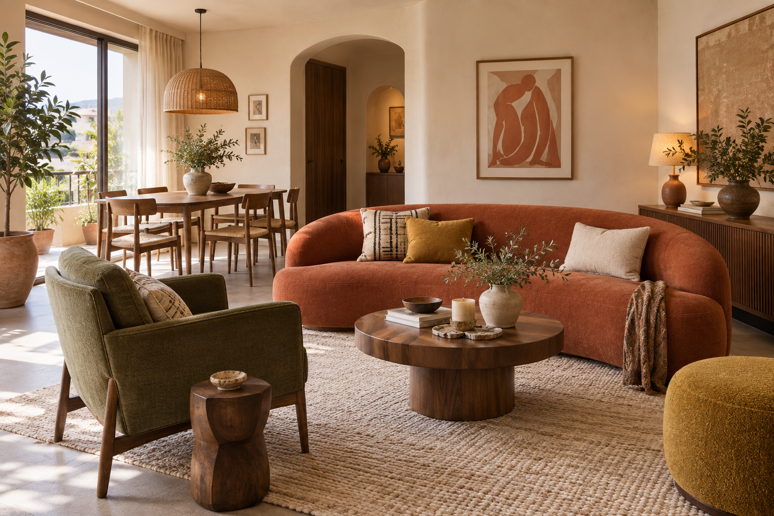 Visual conceptual de una sala cálida con sofá terracota y acentos oliva.
